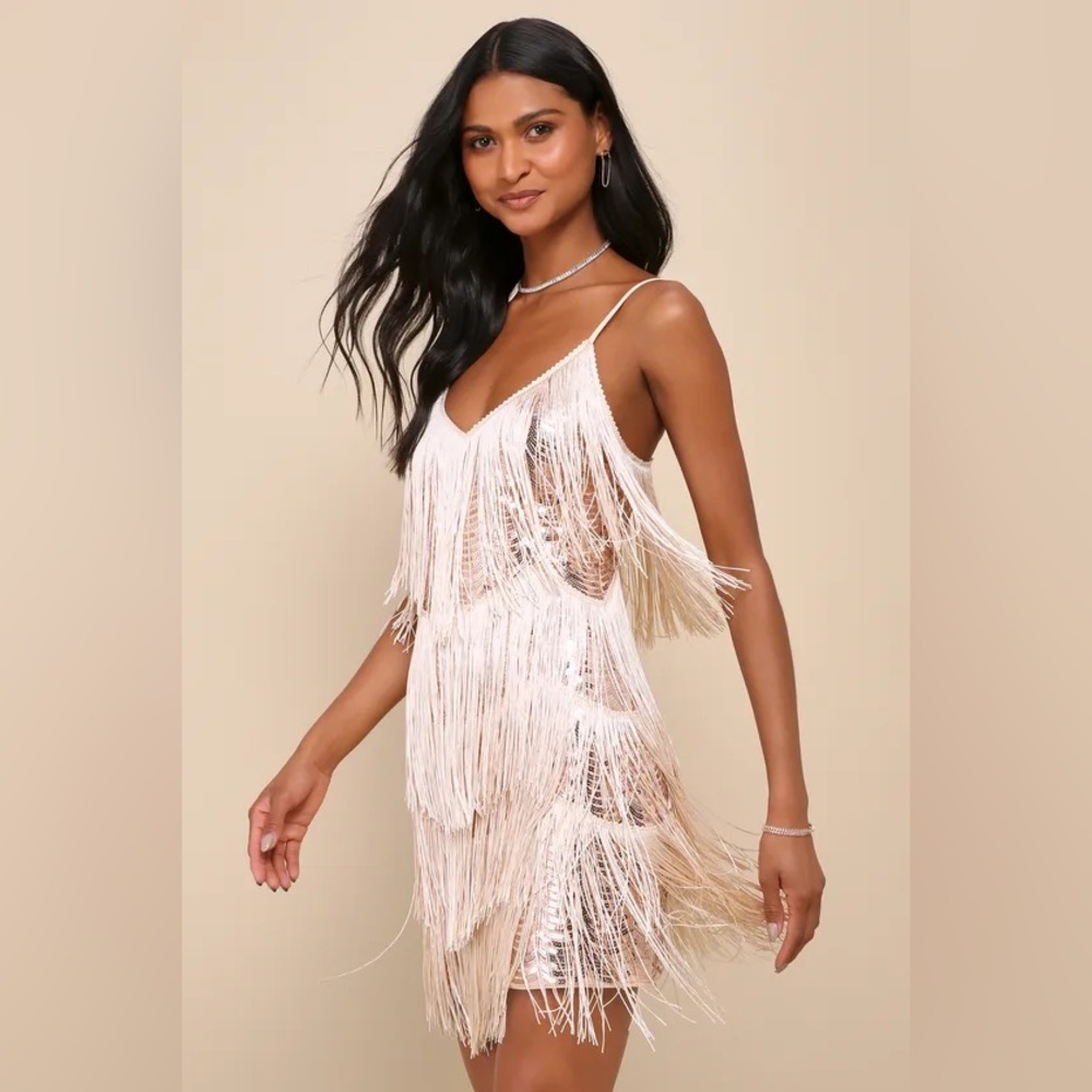 Lulu's Get in the Groove Champagne Sequin Fringe Bodycon Dress